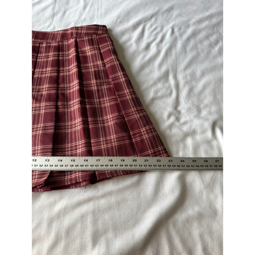 SHEIN Plaid Pleated Mini Skirt Small Burgundy Academic Preppy Schoolgirl Skater - Picture 10 of 11
